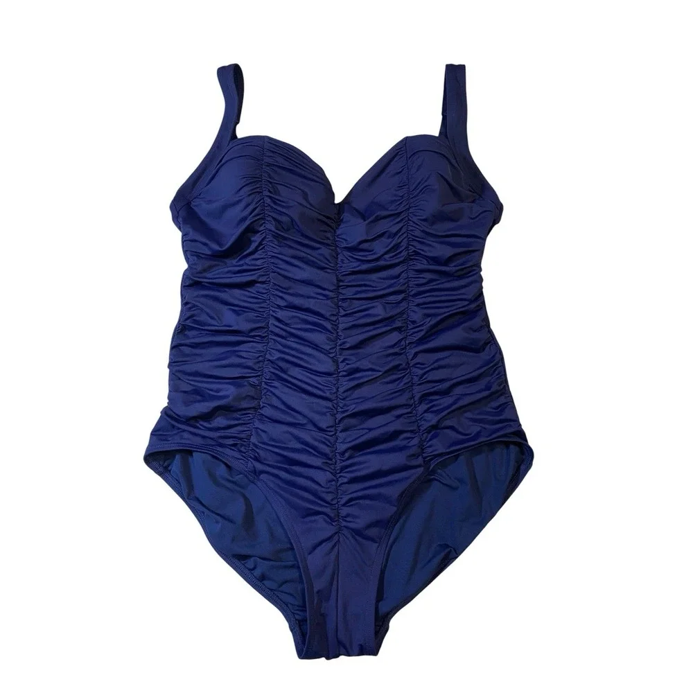 DKNY Women's Navy Blue Ruched One Piece Swimsuit Tummy Control Size 14 D71330 - Picture 2 of 6